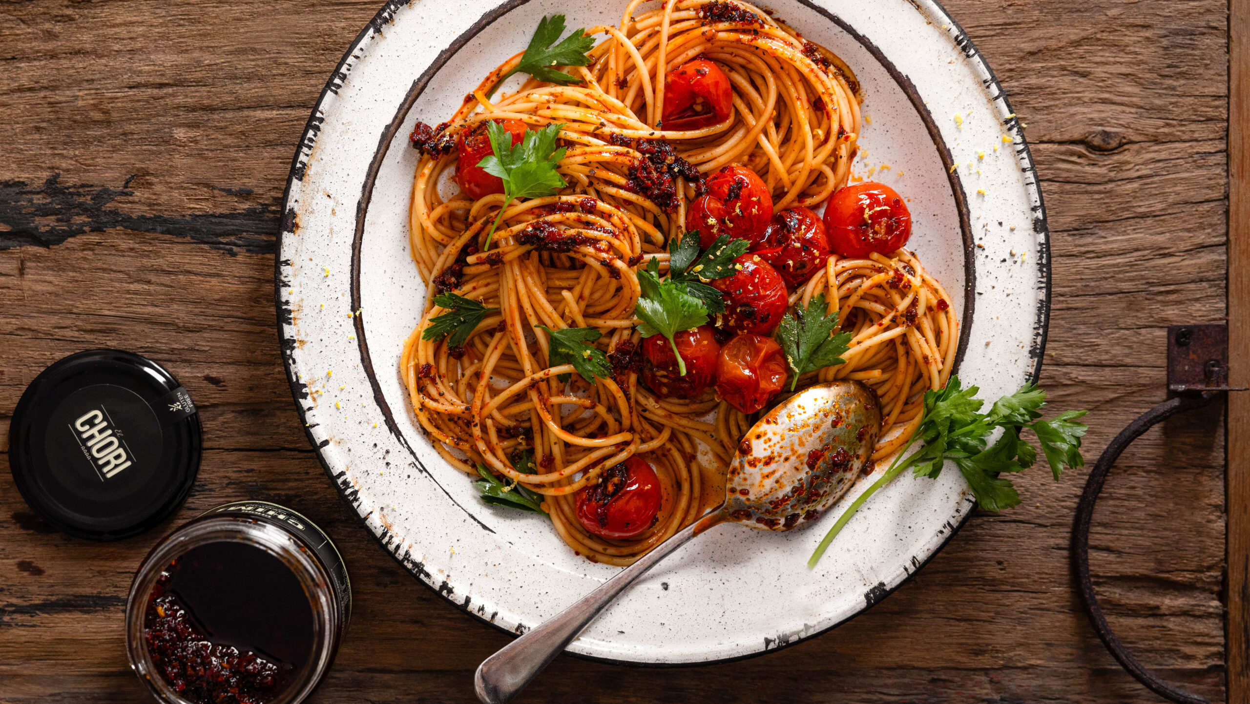 Chimichurri Spaghetti w/Blistered Tomatoes, Parsley and Lemon